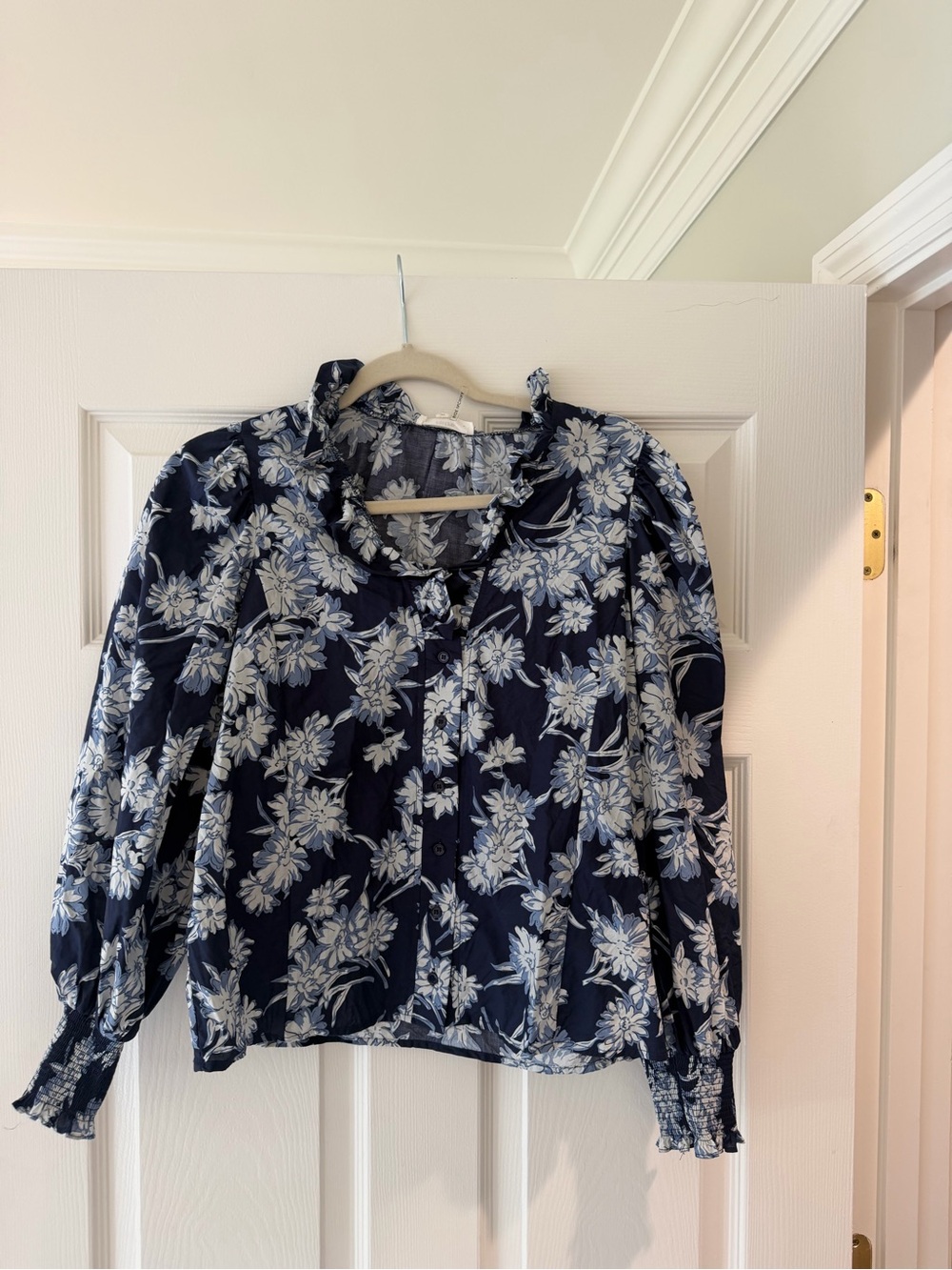 Floral Ruffle Collar Blouse - Navy/White